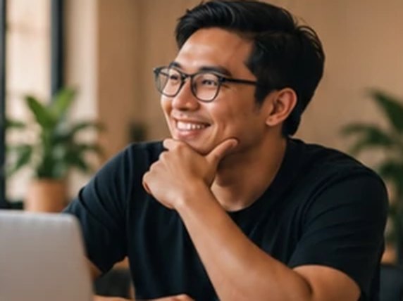 A smiling business owner at his laptop