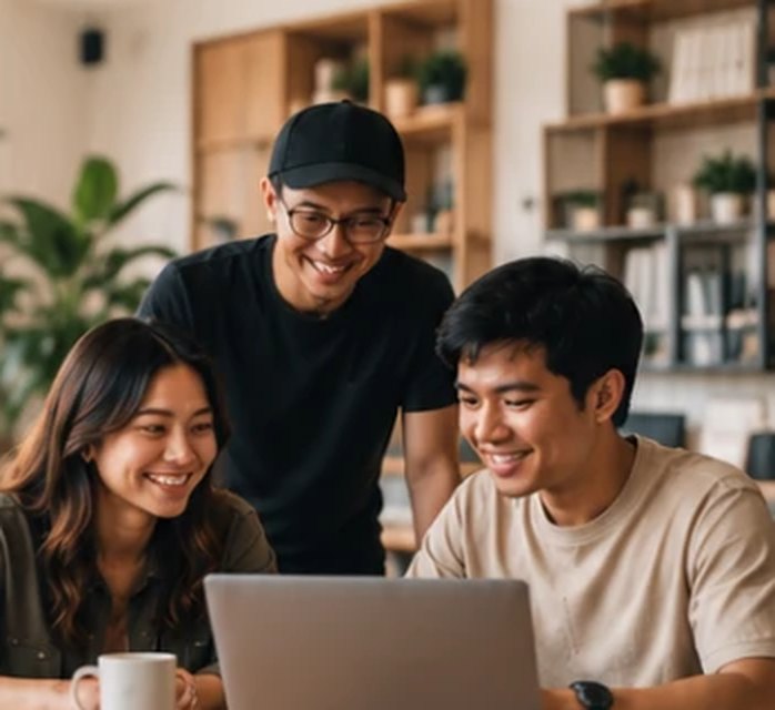 A small team smiling together at a laptop in a bright office