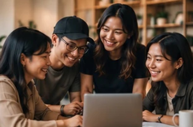 A team gathered happily around a laptop