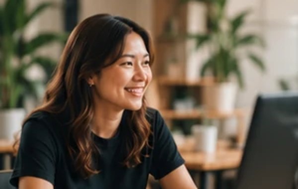 A business owner smiling at her work