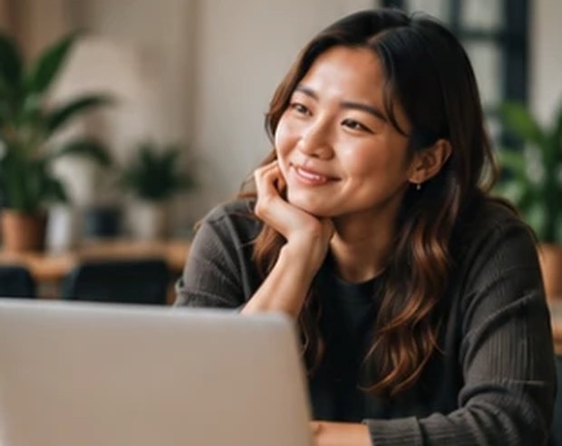 A team member smiling at her laptop